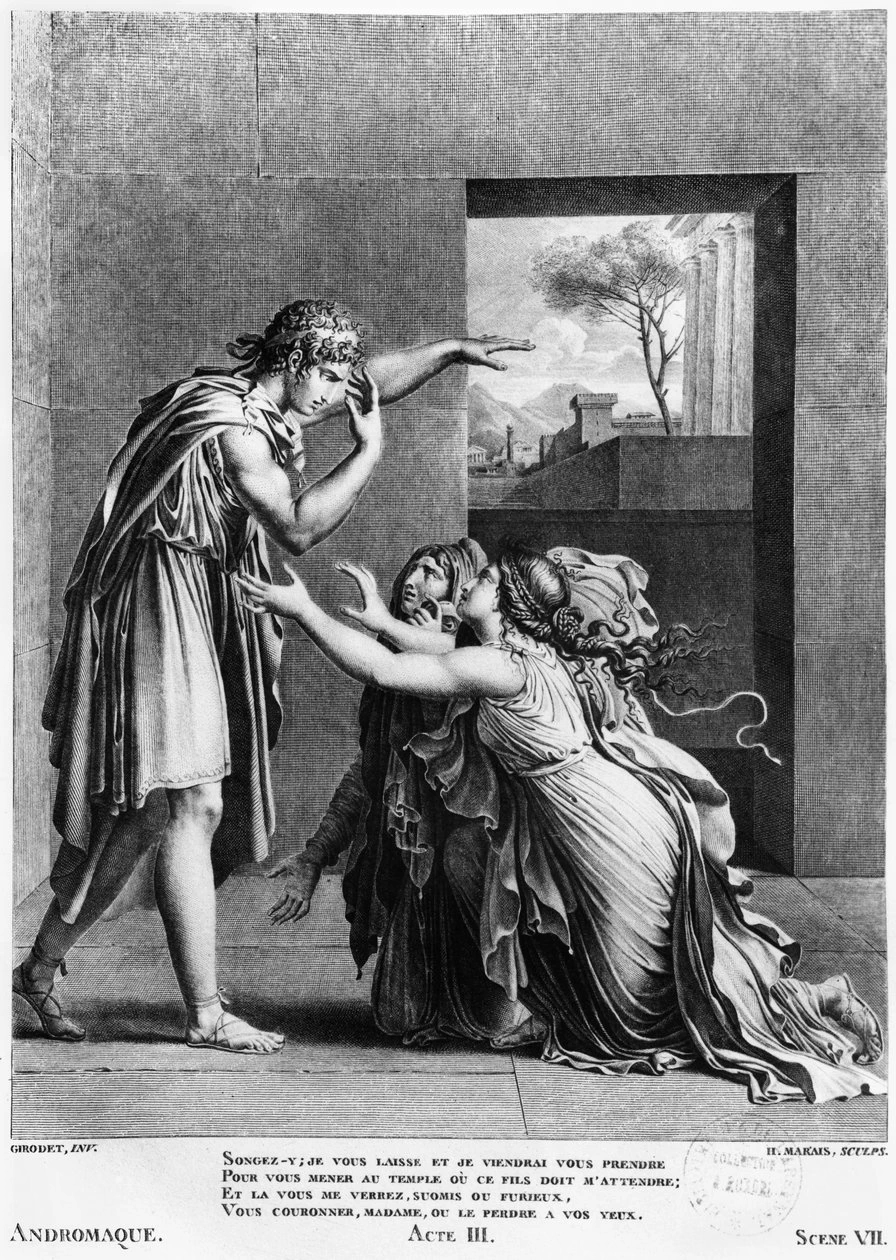 Andromaca ai piedi di Pirro, illustrazione dall'Atto III Scena 7 di 'Andromaca'